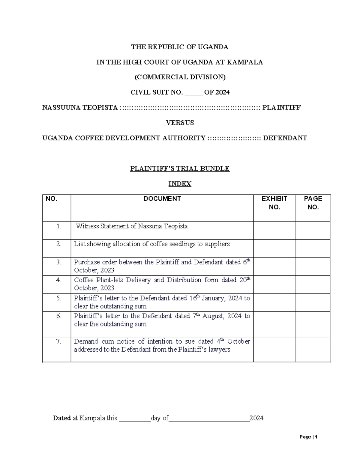 Plaintiff'S Trial Bundle final - THE REPUBLIC OF UGANDA IN THE HIGH ...