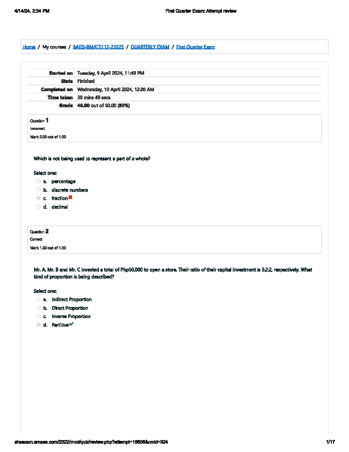 Bmatexam - 2:34 PM First Quarter Exam: Attempt review Home My courses ...