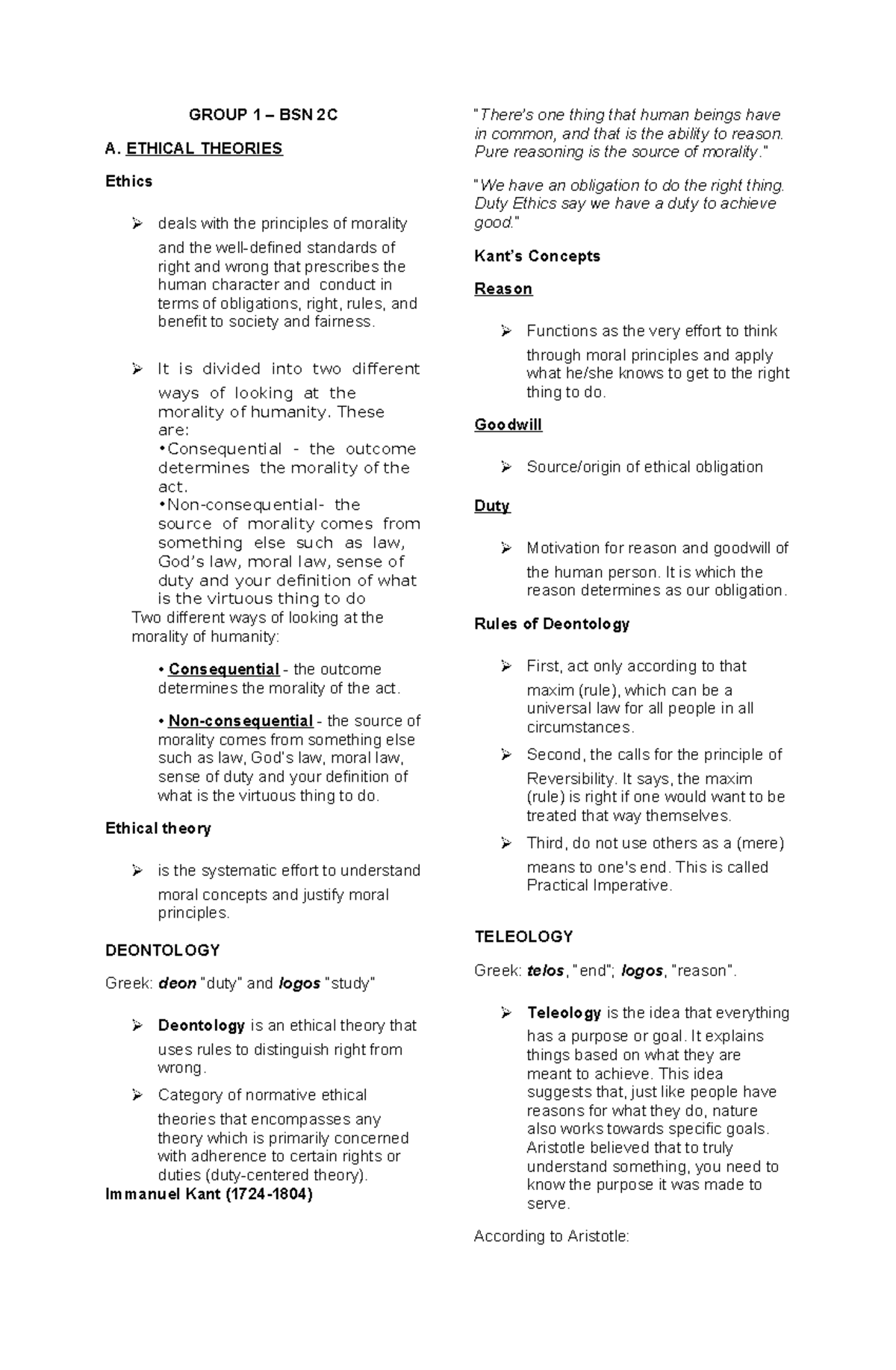 Bioethics - GROUP 1 – BSN 2C A. ETHICAL THEORIES Ethics ⮚ deals with ...