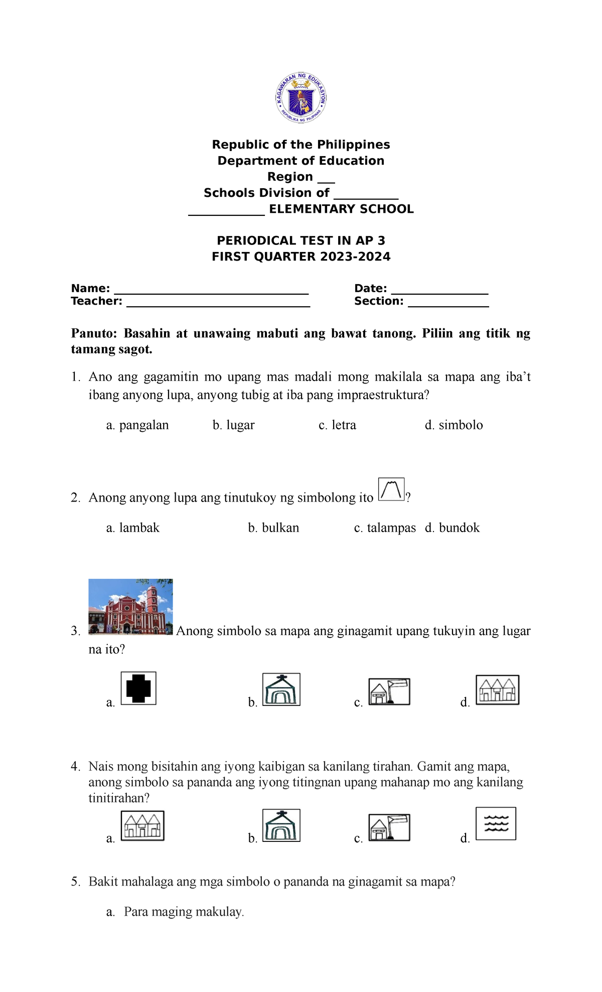 1st Quarter Periodical Test Republic Of The Philippin 