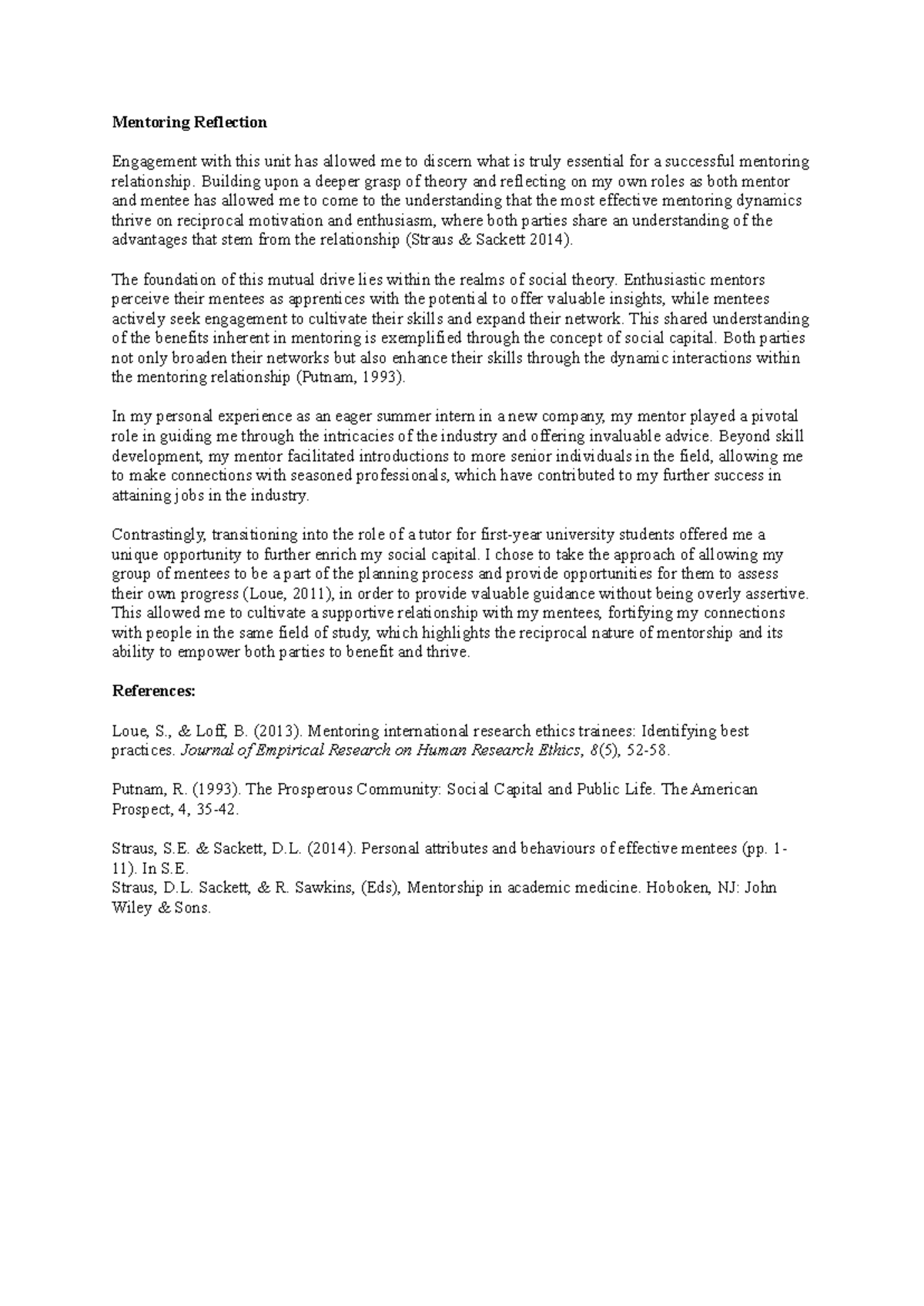 Assessment 3 Mentoring Reflection - Mentoring Reflection Engagement ...