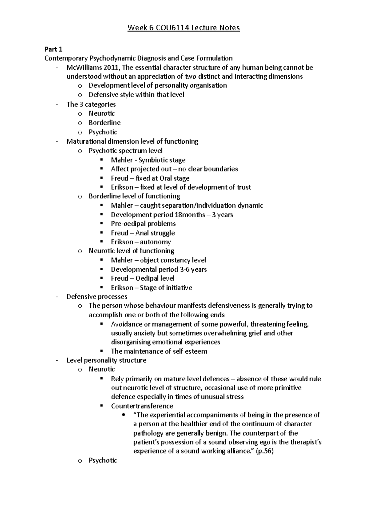Week 6 COU6114 Lecture Notes - Part 1 Contemporary Psychodynamic ...
