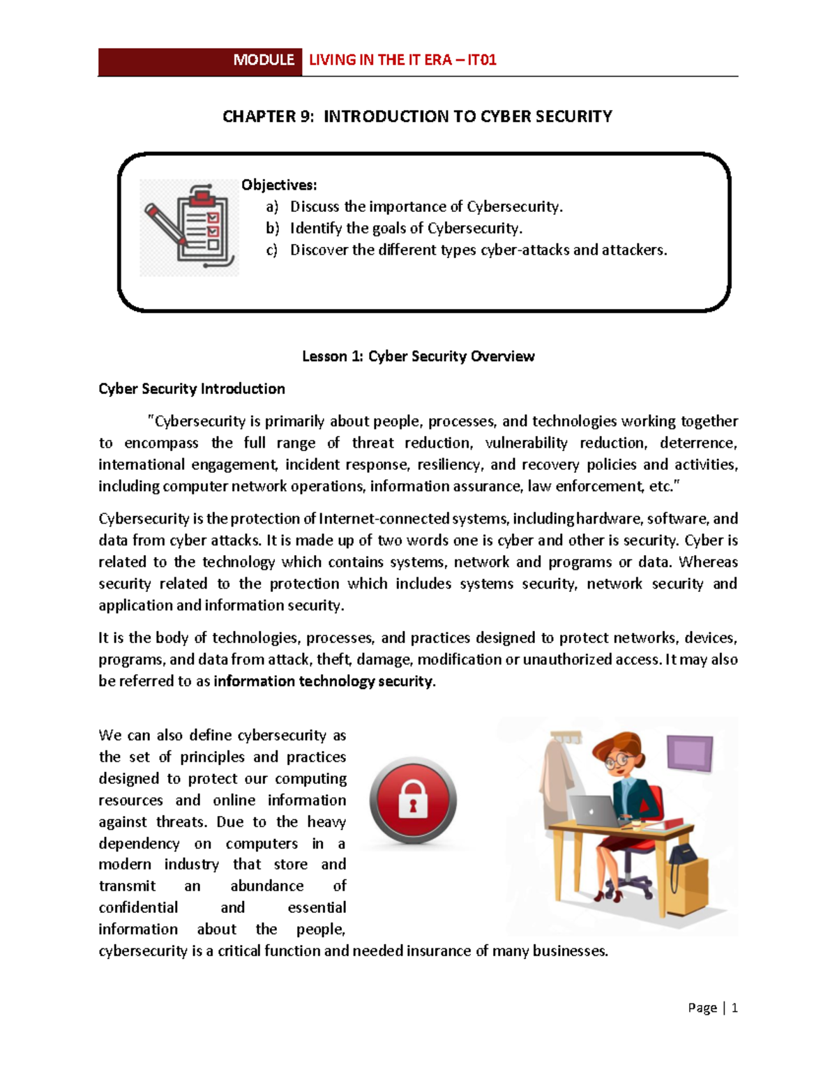 IT01 Chapter 9 - CHAPTER 9: INTRODUCTION TO CYBER SECURITY Lesson 1 ...