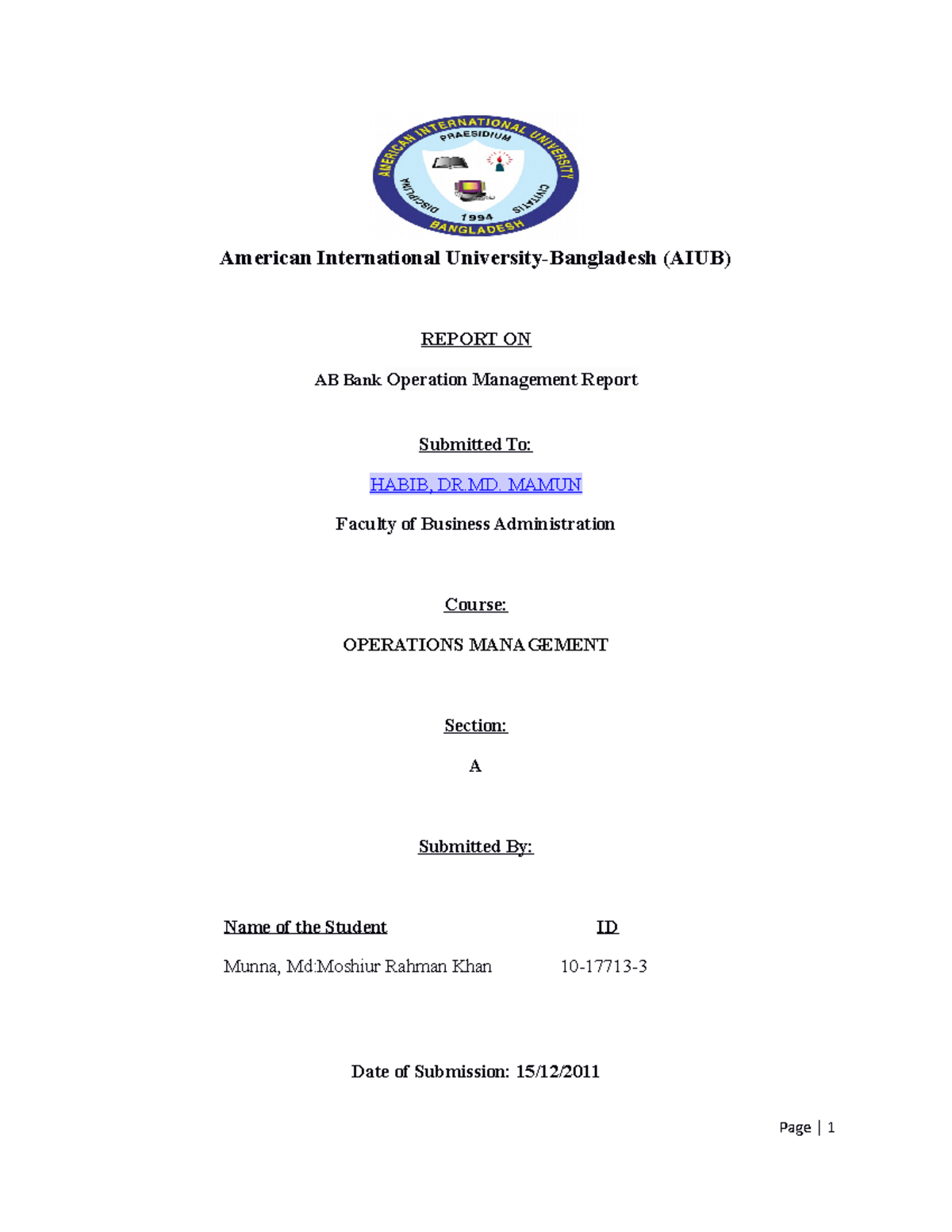 AB Bank Operation Management Report - American International University ...