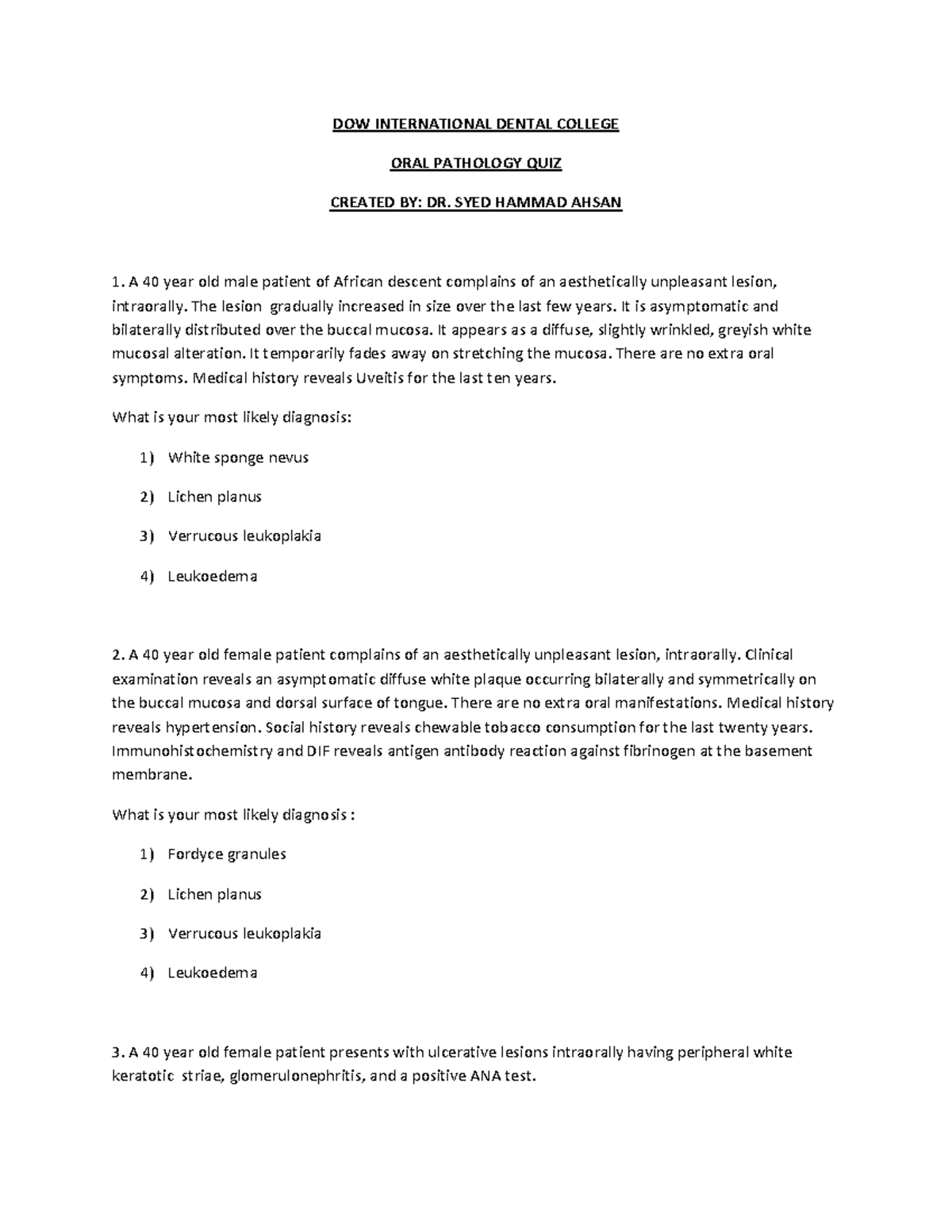 DIDC op quiz 140520 DOW INTERNATIONAL DENTAL COLLEGE ORAL PATHOLOGY
