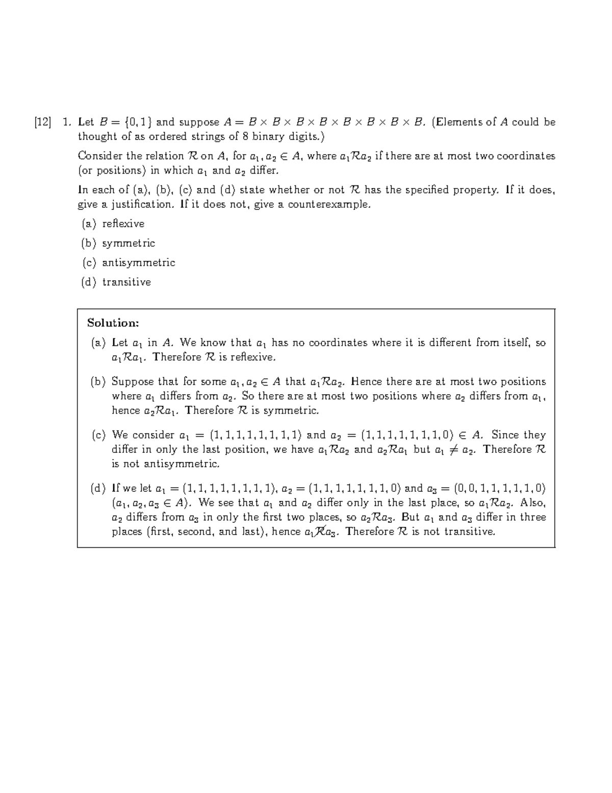 Test 5 Solutions - [12] 1={ 0 , 1 }and SupposeA=B×B×B×B×B×B×B×B ...