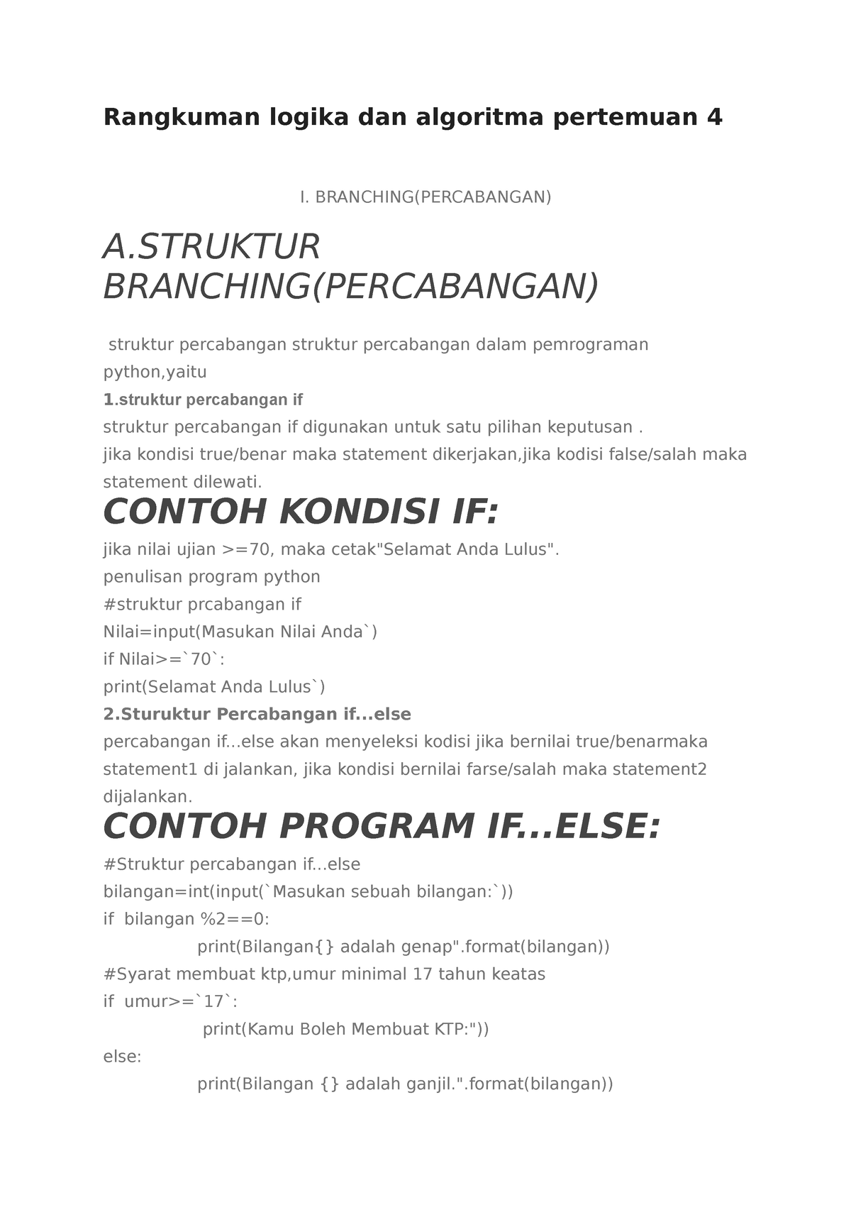 Rangkuman Logika Dan Algoritma Pertemuan 4 Branchingpercabangan A Branchingpercabangan 9804