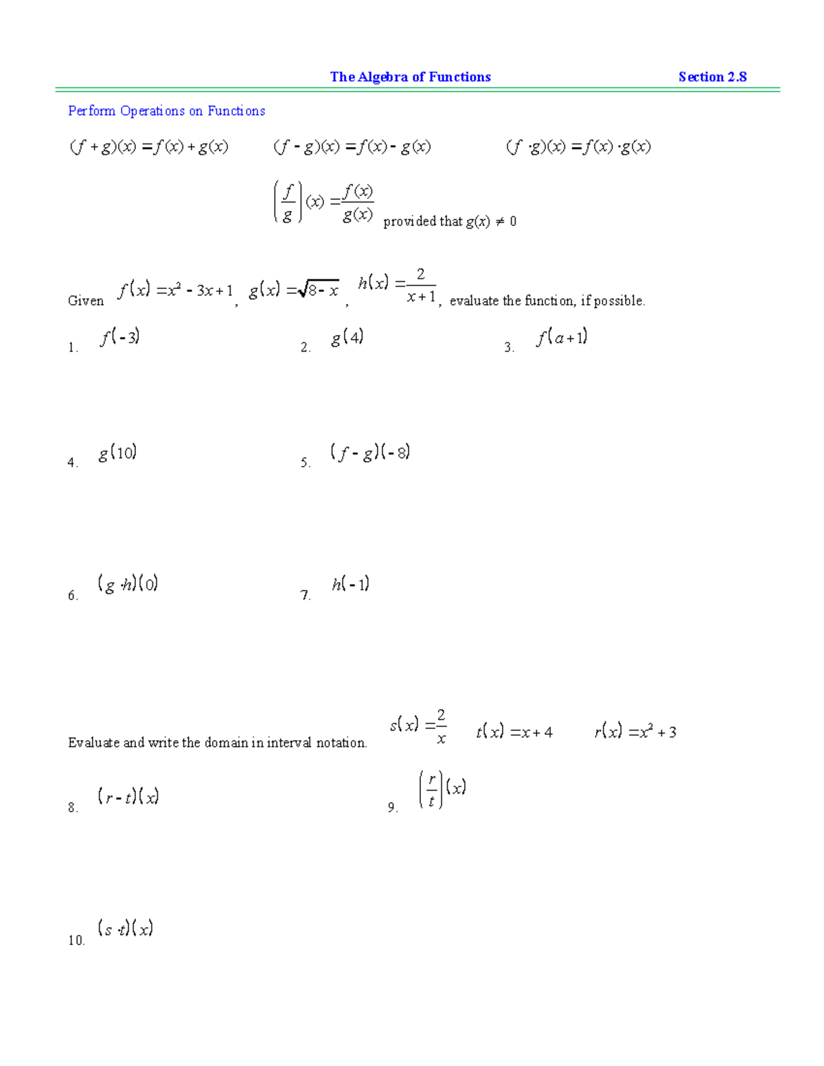 CA LEC 2.8 The Algebra of Functions - The Algebra of Functions Section ...