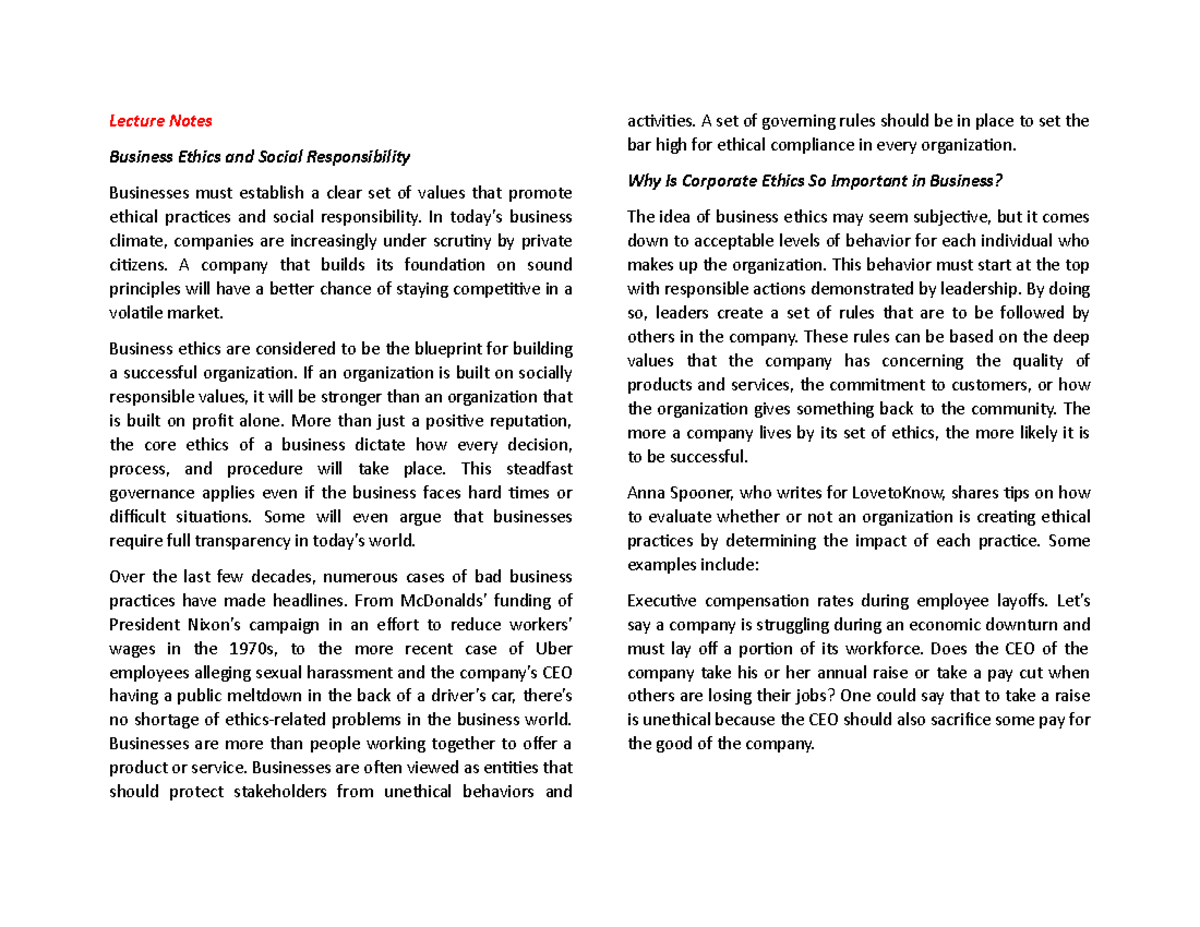 Lecture Notes - Business Ethics and Social Responsibility - Business ...