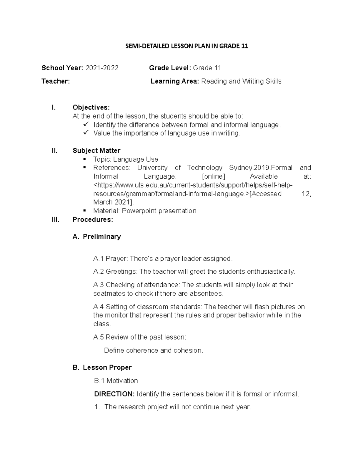 Reading and writing lesson plan - SEMI-DETAILED LESSON PLAN IN GRADE 11 ...