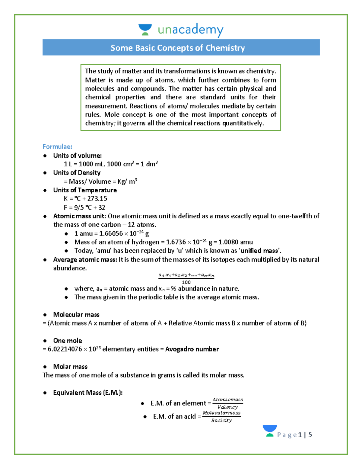 Formula Sheet - Some Basic Concepts of Chemistry (1) - Some Basic ...