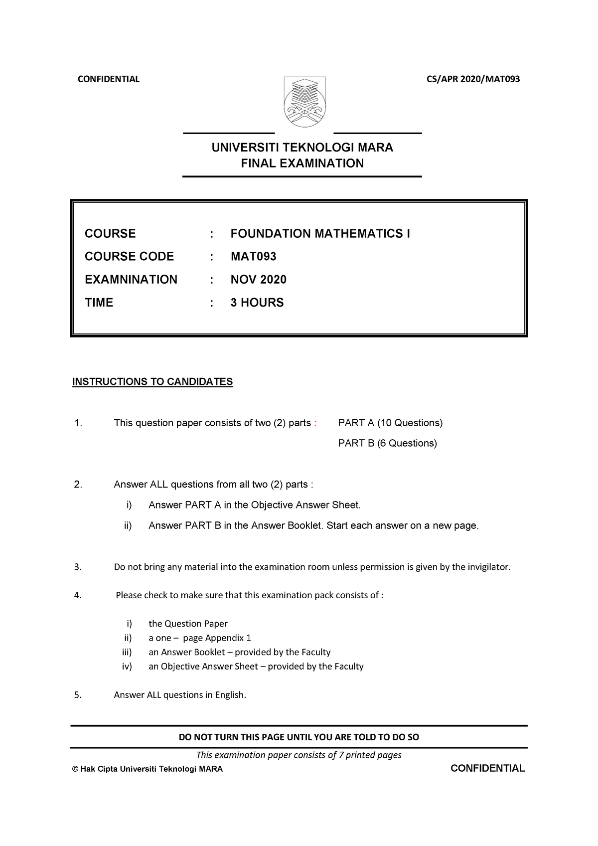 Final Examination Paper MAT093 November 2020 - CONFIDENTIAL 1 CS/APR ...