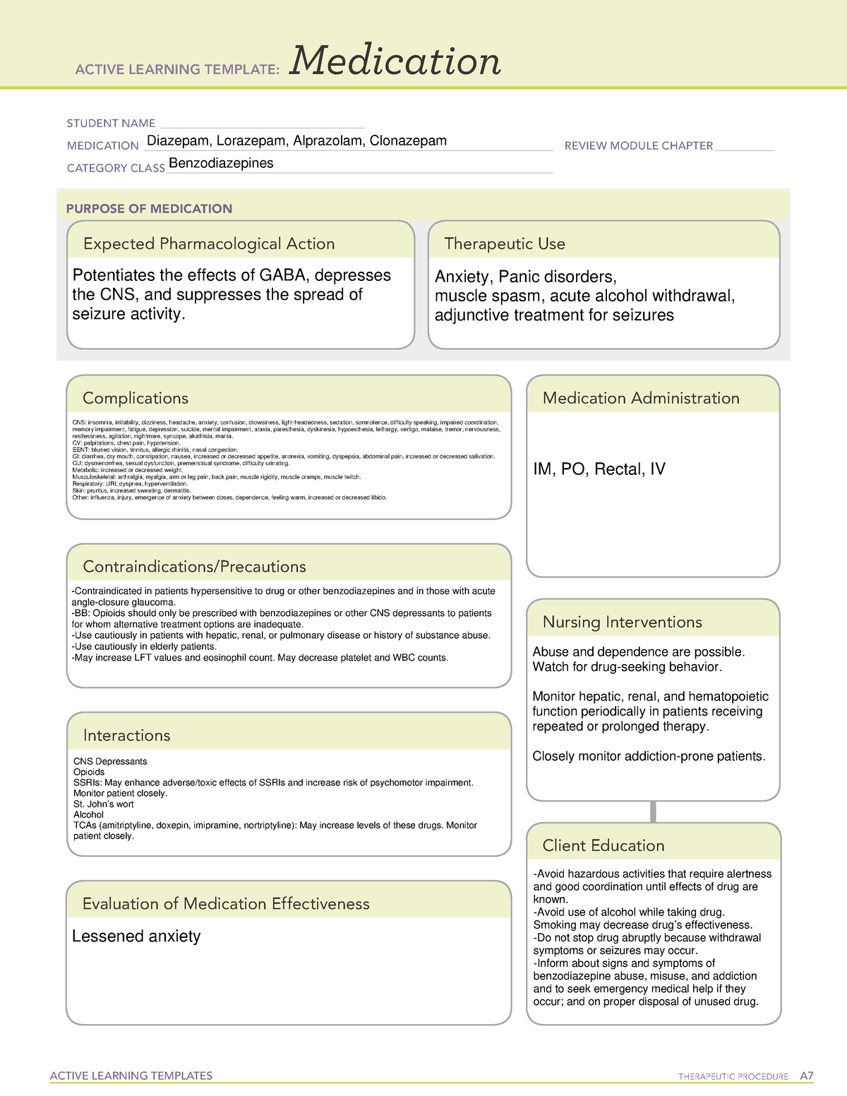 ATI medtemplate Benzodiazepines ACTIVE LEARNING TEMPLATES