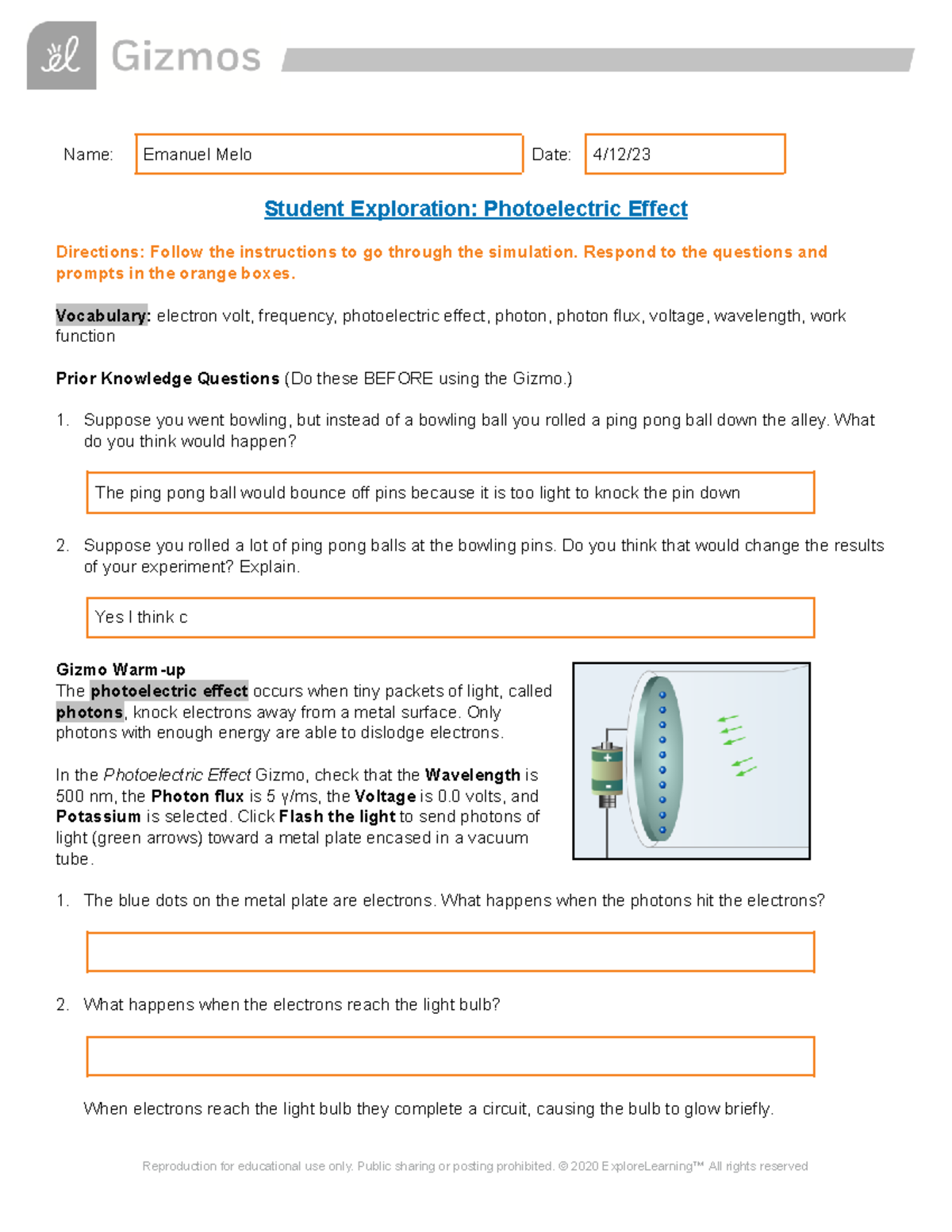 Emanuel Melo - Copy of Photoelectric Effect SE - Name: Emanuel Melo ...