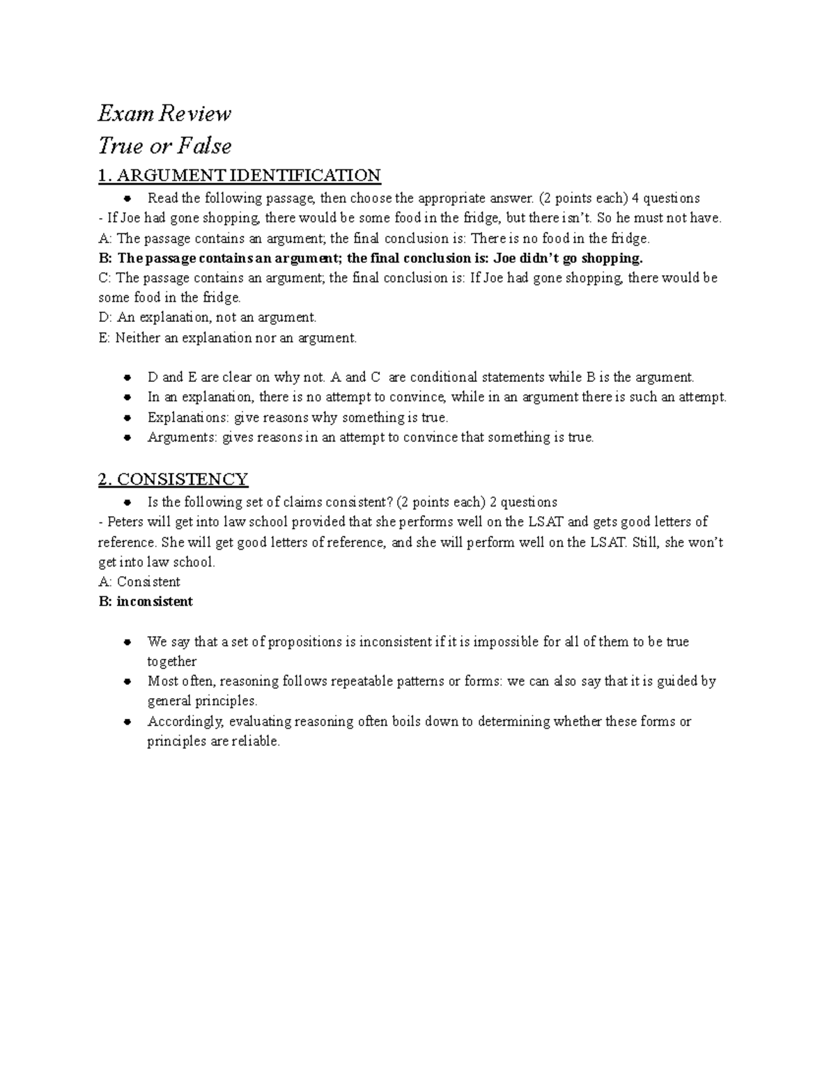 PHI1101 Exam Review - Exam Review True or False 1. ARGUMENT ...