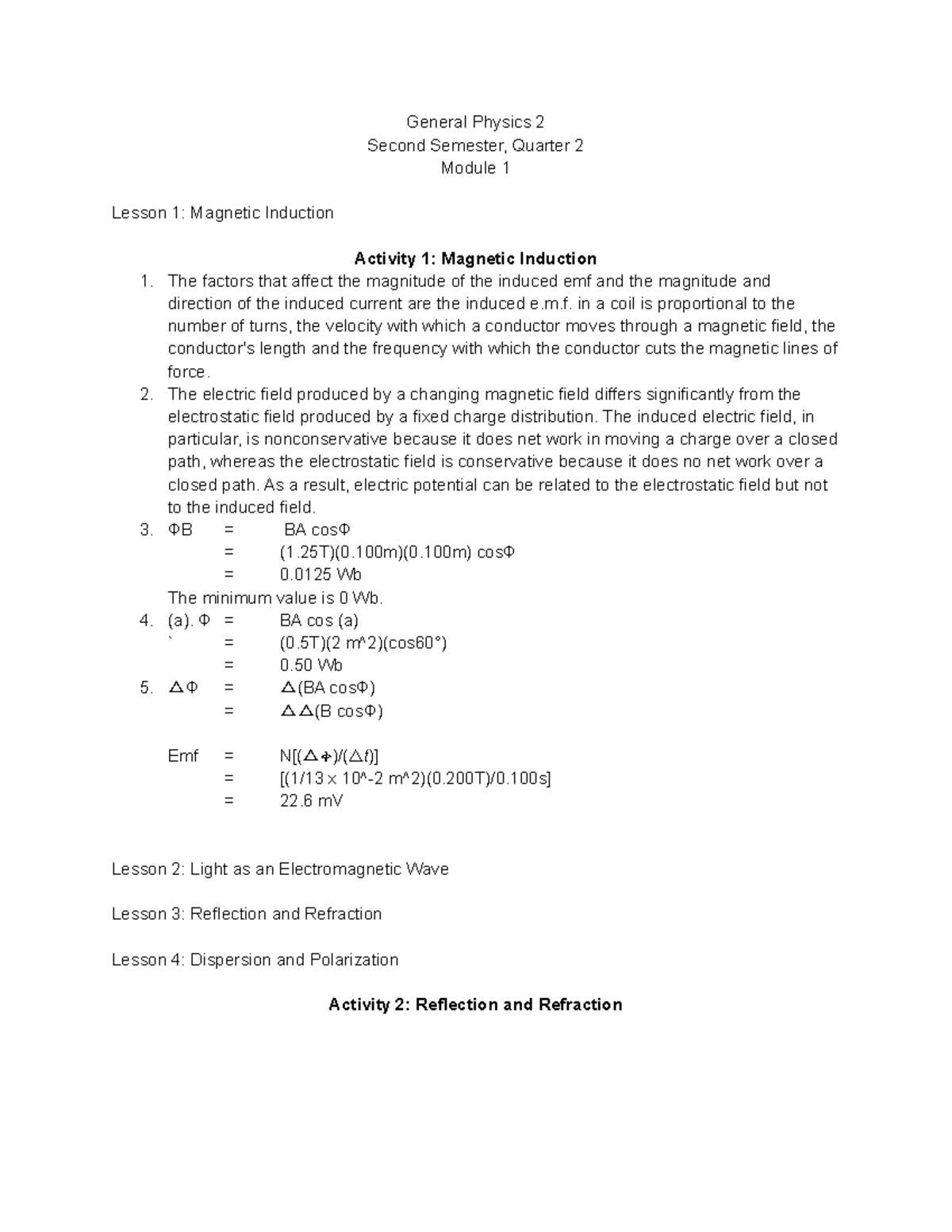 General Physics 2 Second Semester, Quarter 2 Module 1 - m. in a coil is ...