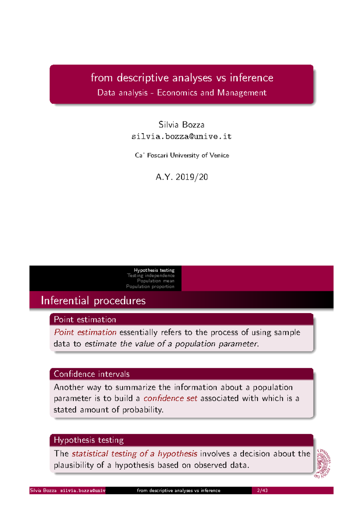 Data Analysis inference 2p - Ca'Foscari - Studocu