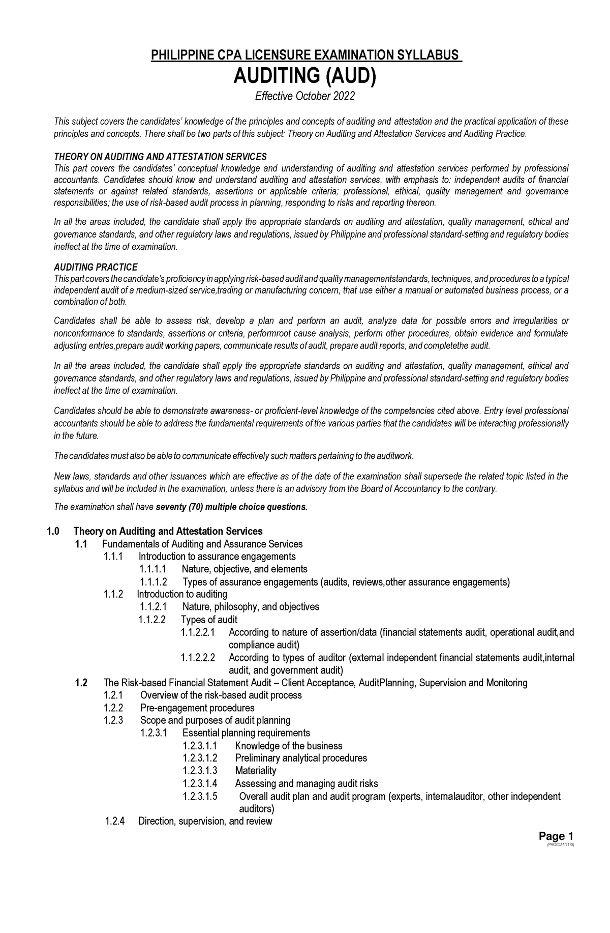 AUD Syllabus Oct 2022 Cpale PHILIPPINE CPA LICENSURE EXAMINATION