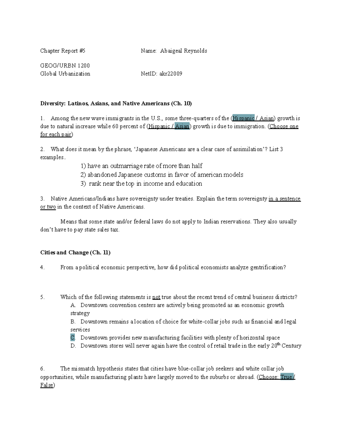Chapter Report #5 - hfhfh - Chapter Report #5 Name: Abaigeal Reynolds ...