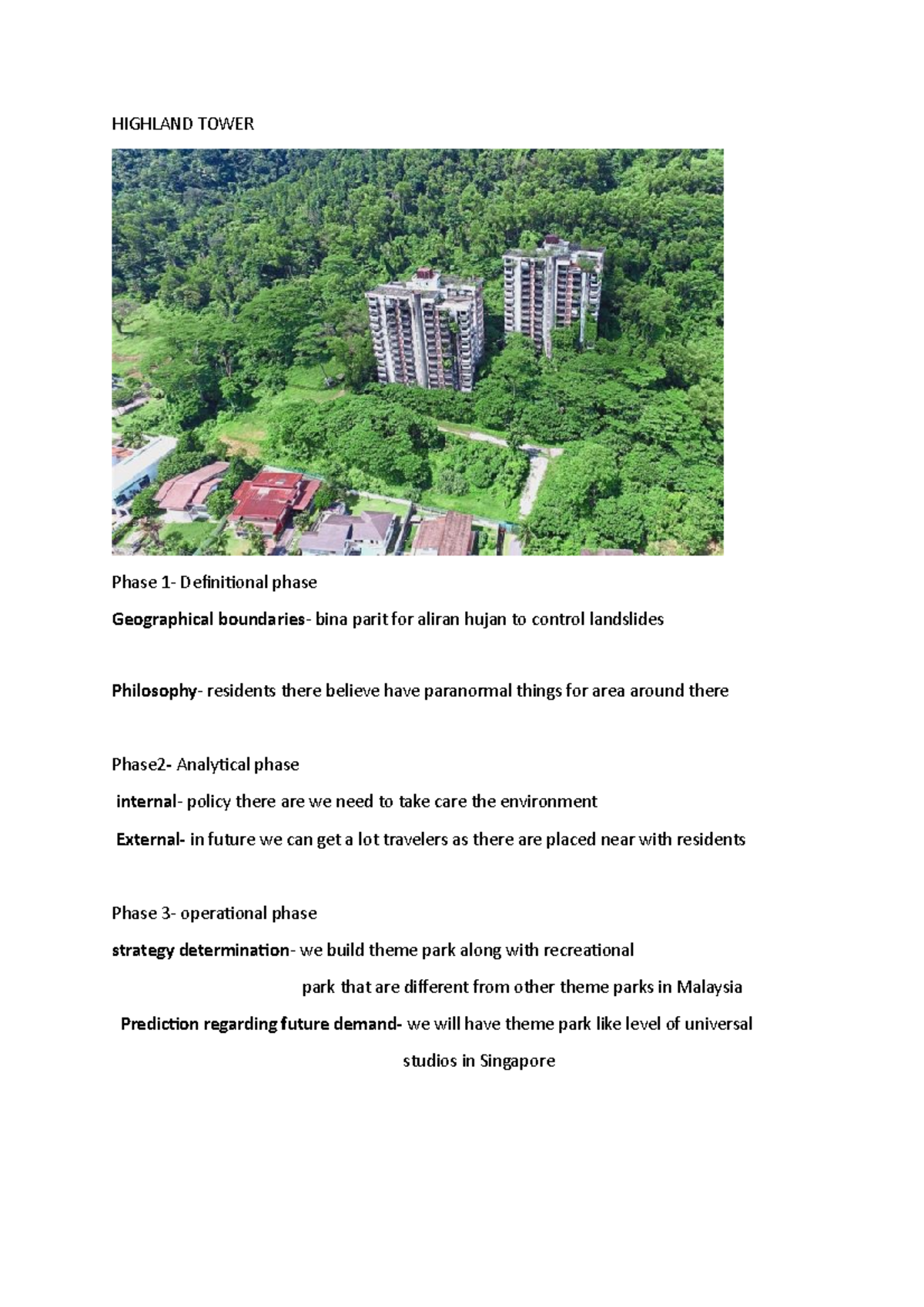 HTT167 Tourism Planning HIGHLAND TOWER Phase 1 Definitional phase