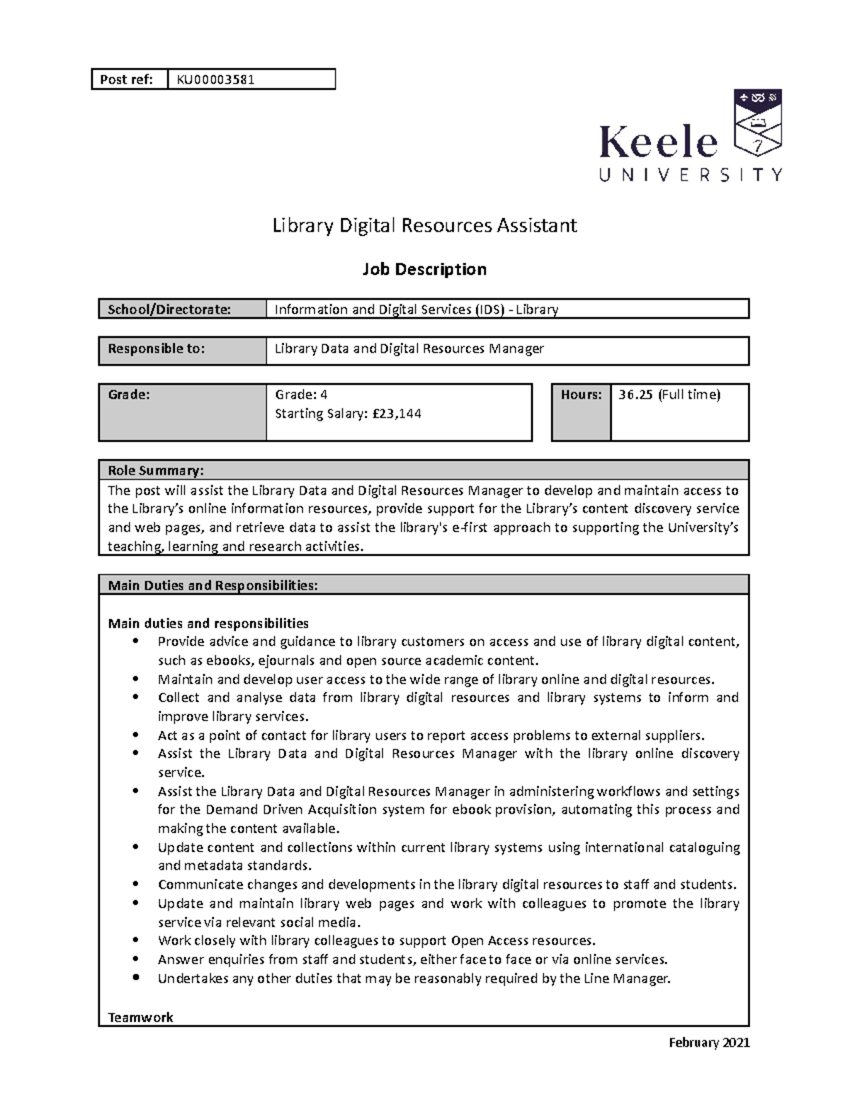 KU00003581 Library Digital Resources Assistant JDPS - Post ref: KU ...