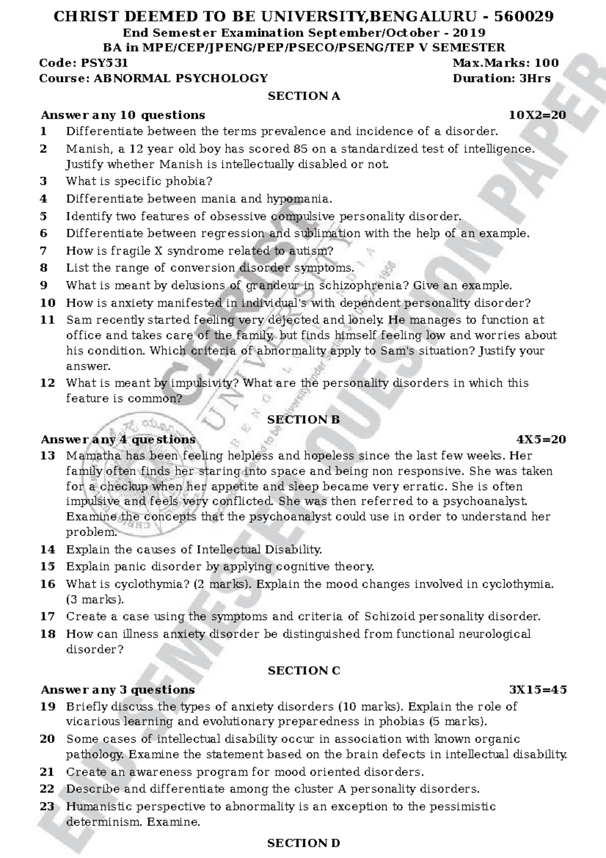 PSY531 - Question Paper - CHRIST DEEMED TO BE UNIVERSITY,BENGALURU ...