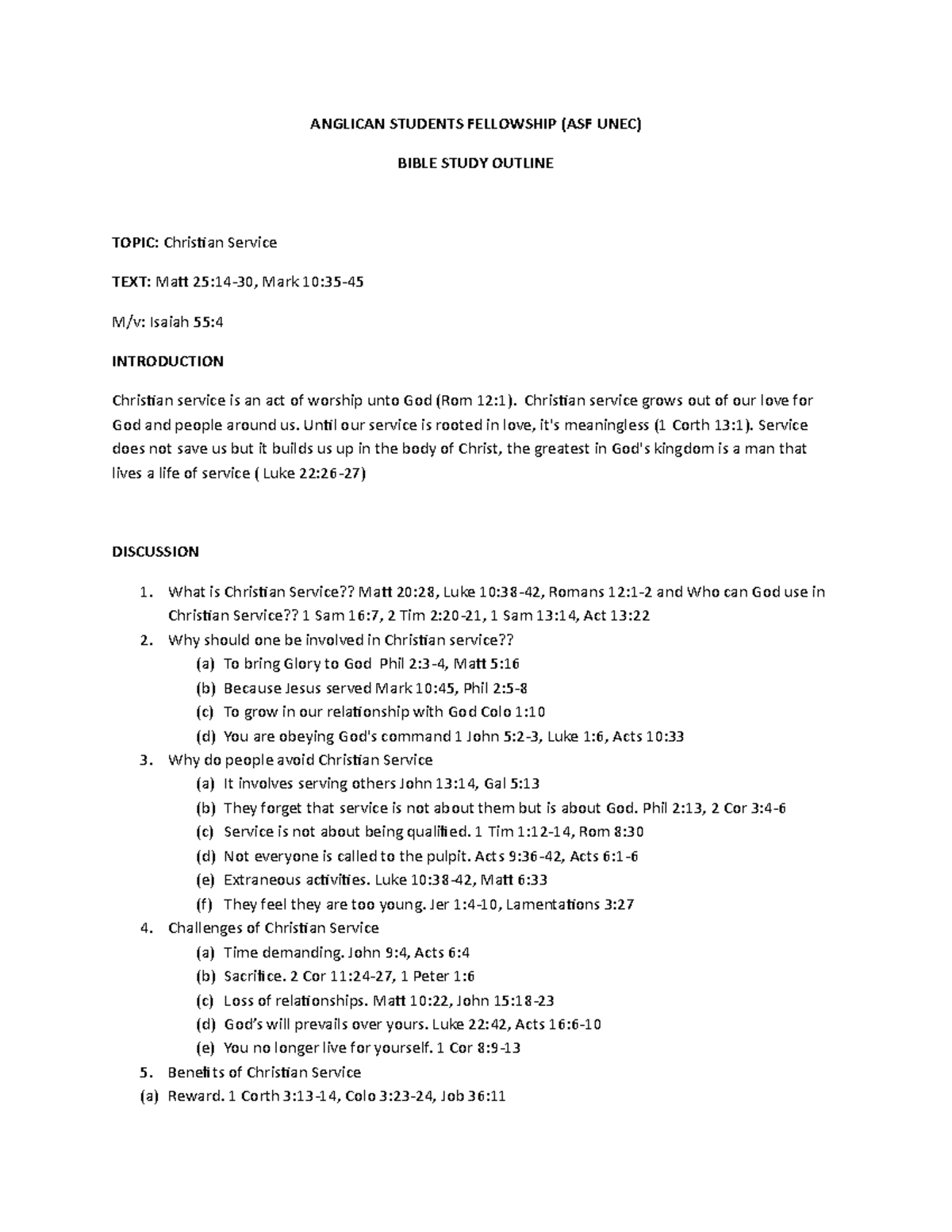 Bible Study Outline - Christian Service - ANGLICAN STUDENTS FELLOWSHIP ...
