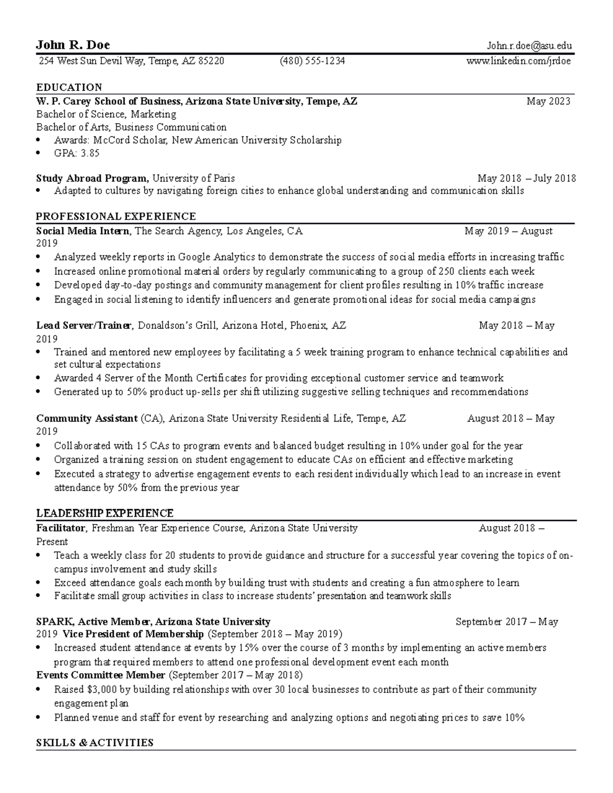 W P Carey Undergraduate Business Resume Template John R Doe John r 