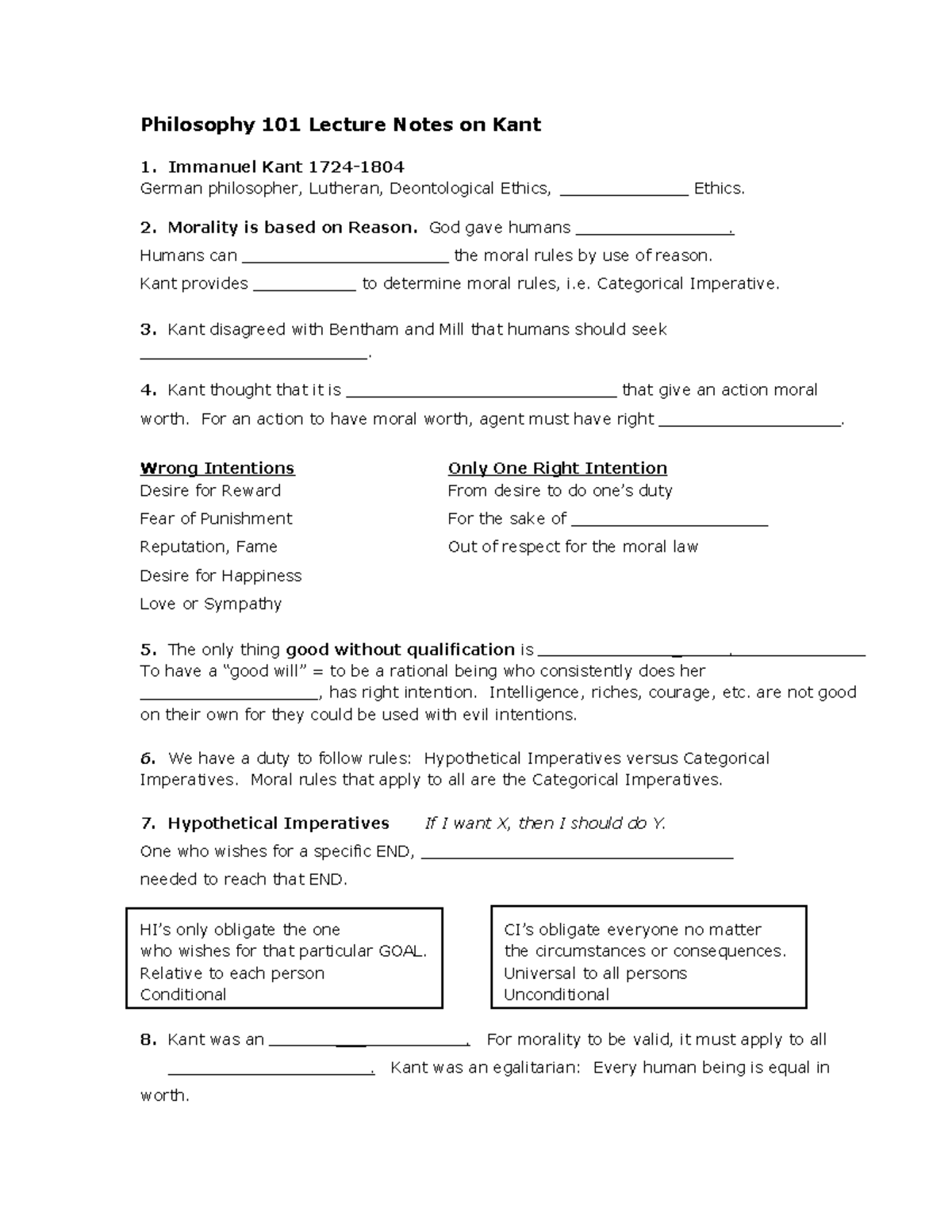 Lecture Notes Kant 1st Formulation - Philosophy 101 Lecture Notes on ...
