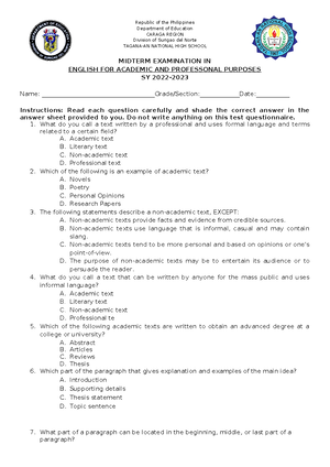 MIL Questionnaire PRE Assessment TEST 2023 2024 - Address: Brgy ...