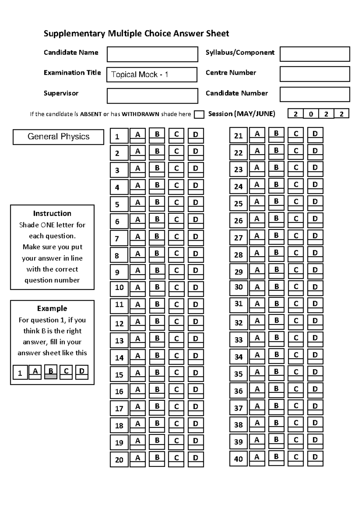 Tm1 bubble sheet - Supplementary Multiple Choice Answer Sheet Candidate ...