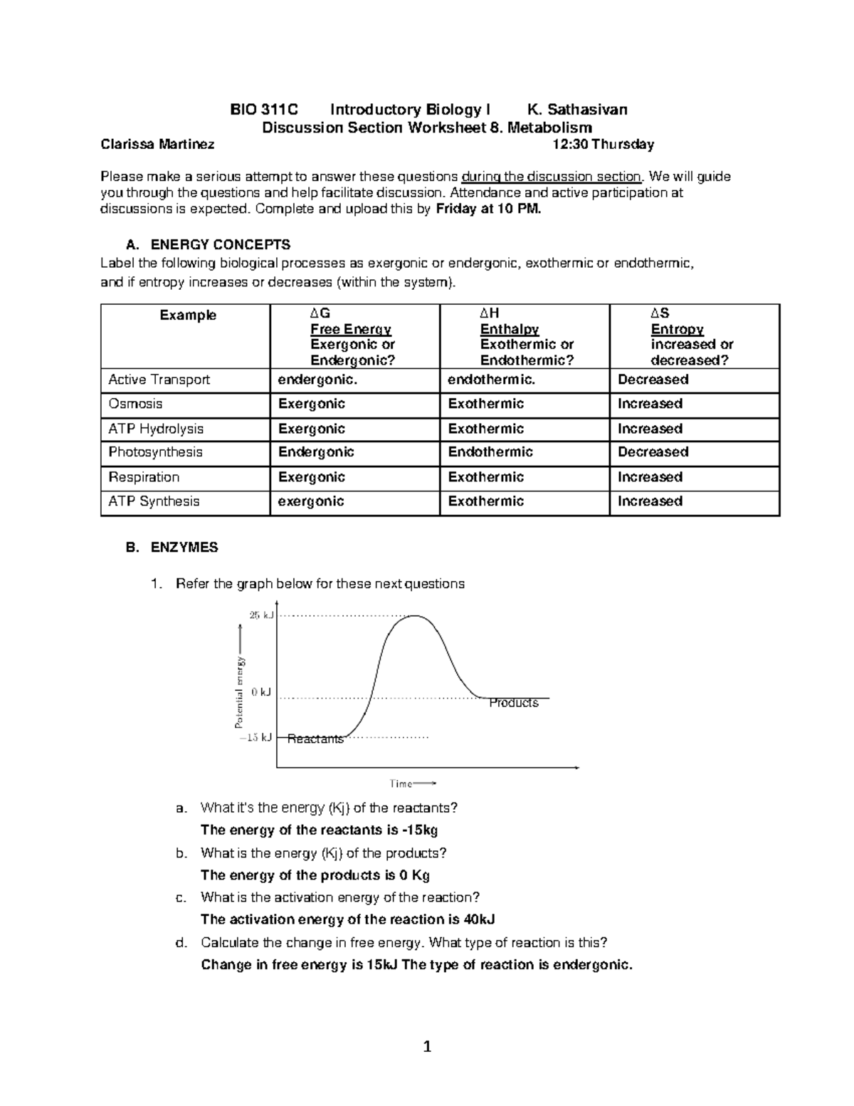 DSW 8. Metabolism Spring 2024 - 1 BIO 311C Introductory Biology I K ...