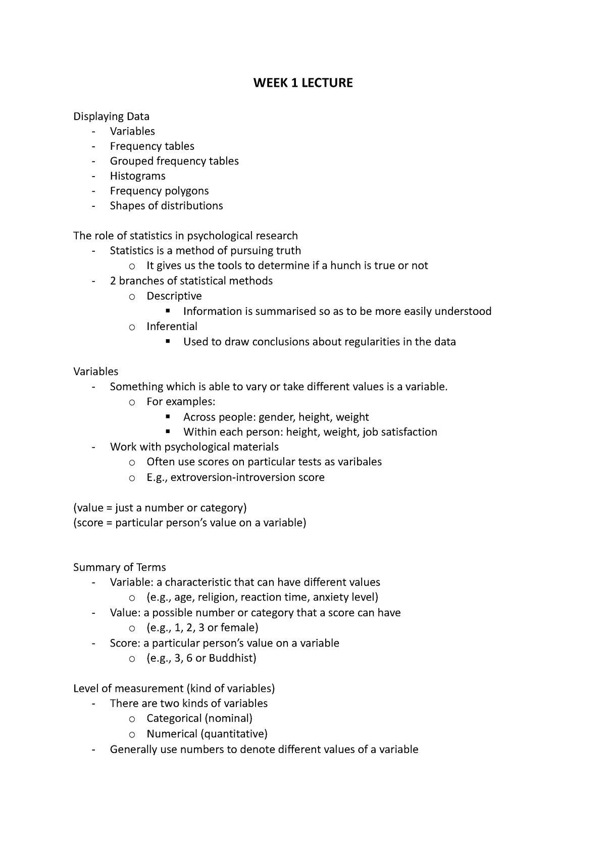 Week 1 Lecture - WEEK 1 LECTURE Displaying Data - Variables - Frequency ...