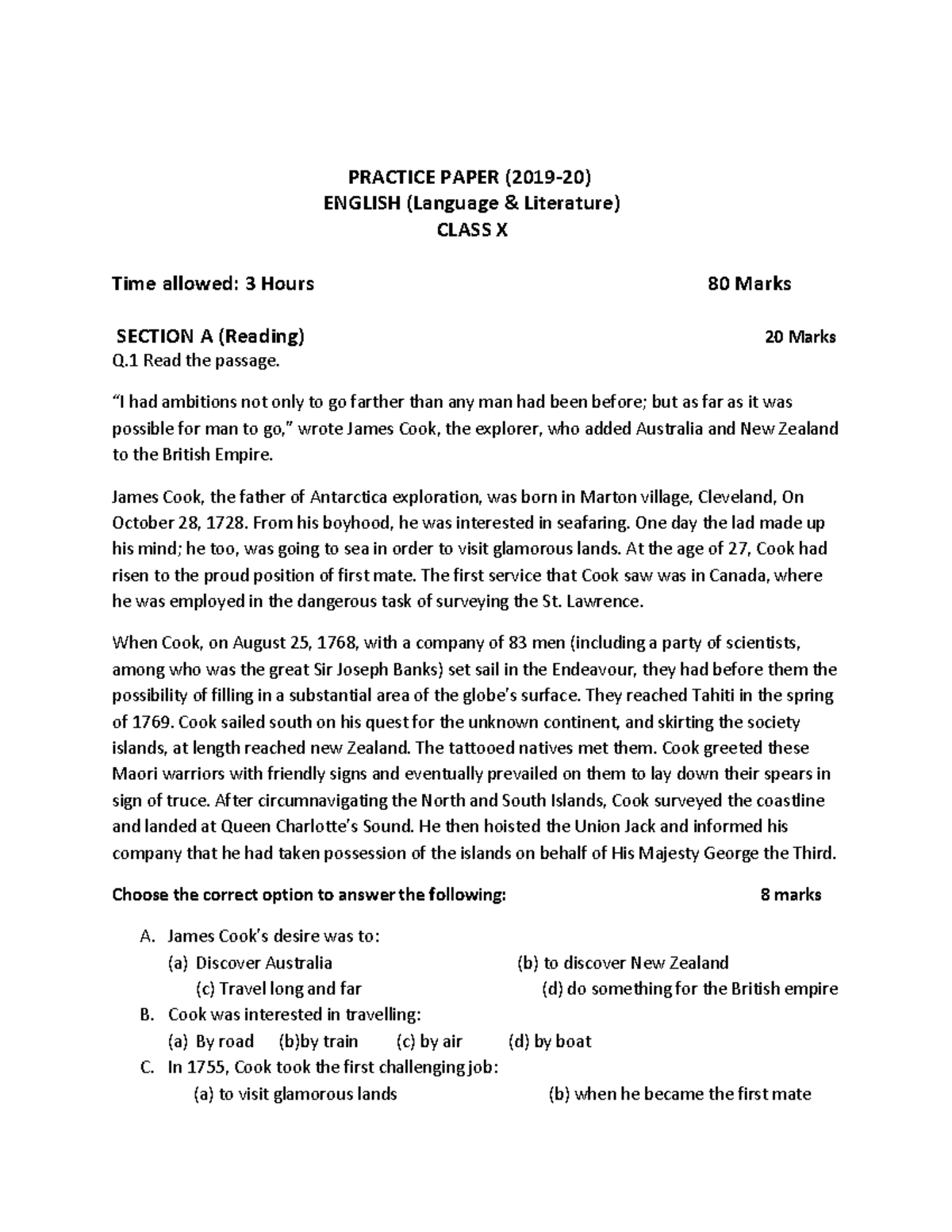 Class X English 2024 Practice Paper - PRACTICE PAPER (2019-20) ENGLISH ...