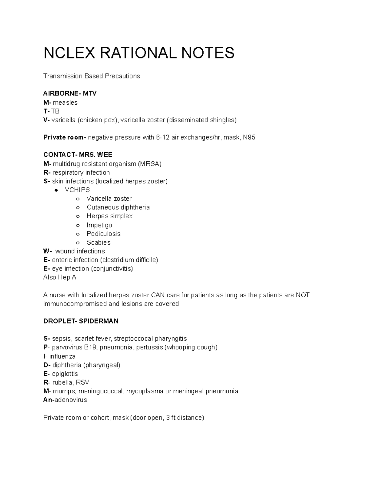 Nclex Rational Notes NCLEX RATIONAL NOTES Transmission Based
