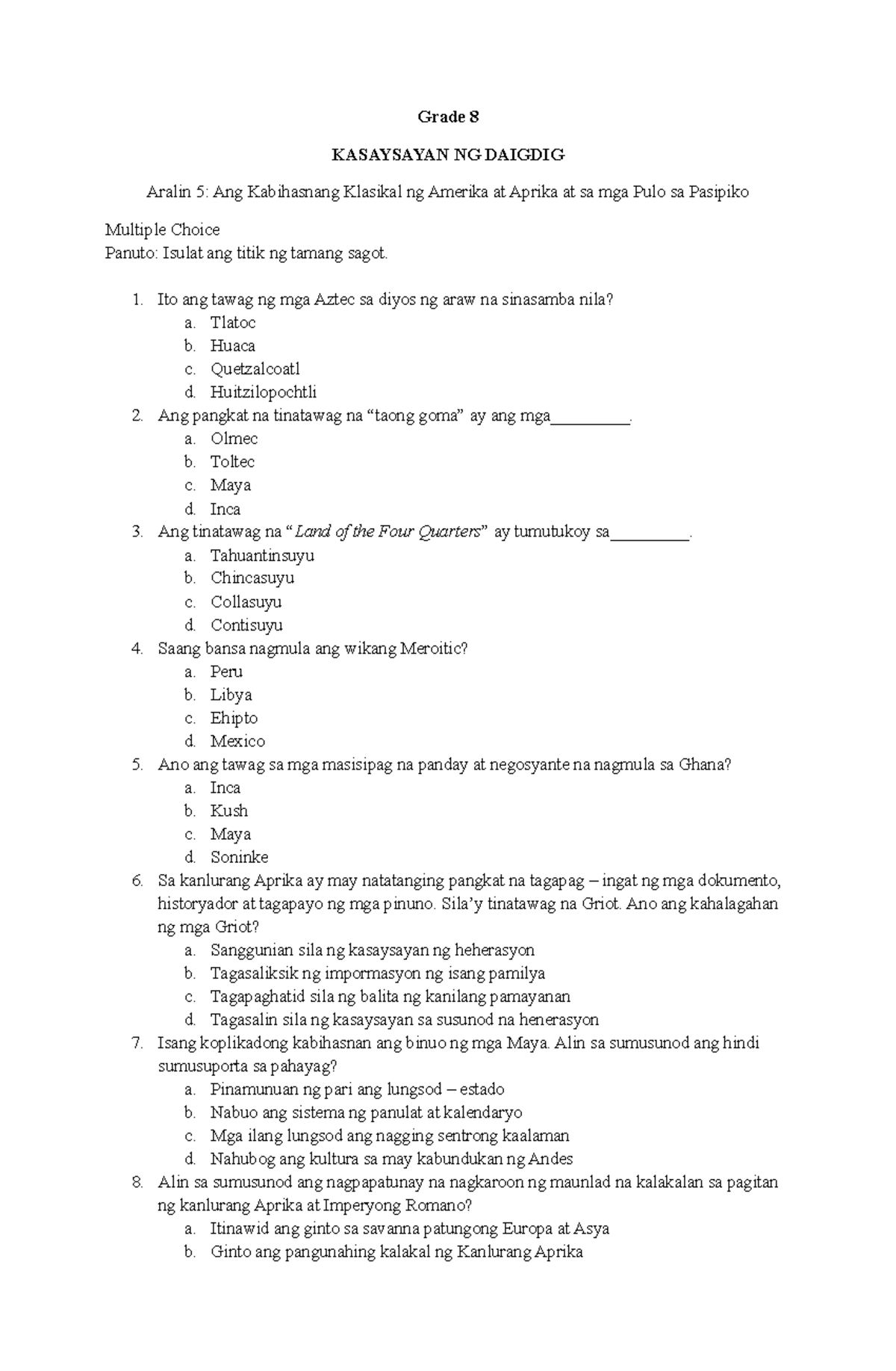 tos-multiple-choice-grade-8-kasaysayan-ng-daigdig-aralin-5-ang