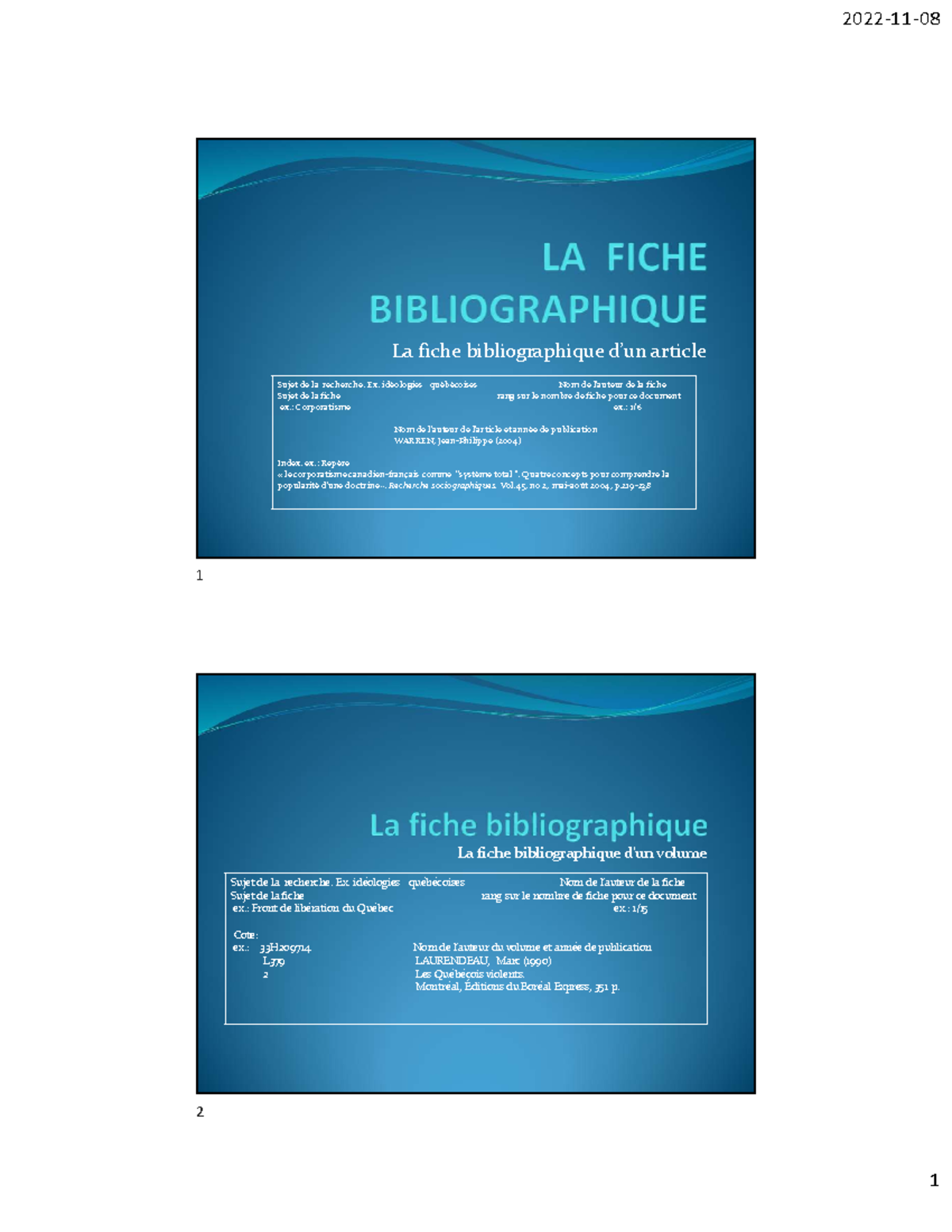 Fiche Bibliographique - Ex. Idéologies Québécoises Nom De L’auteur De ...