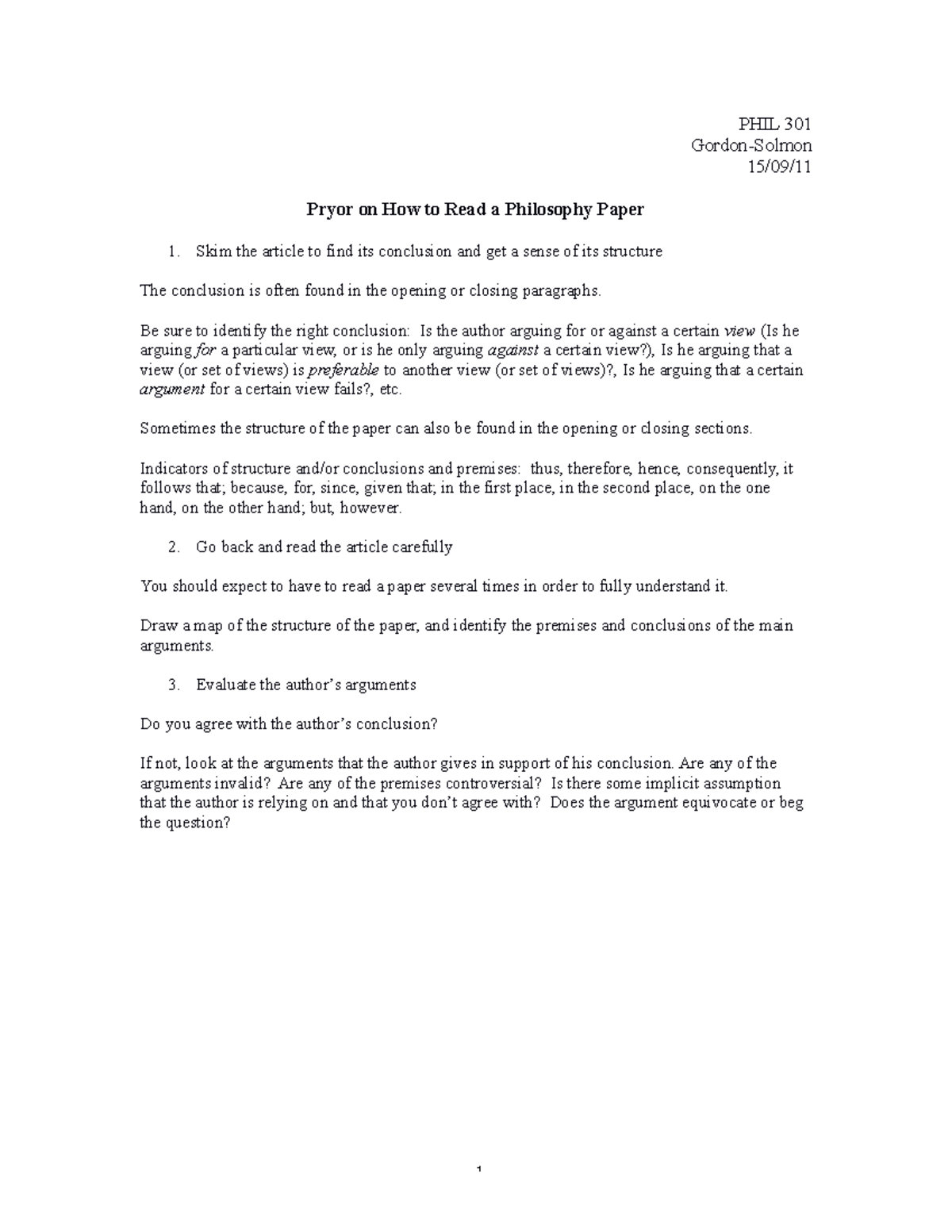 How to Read and Write a Philosophy Paper - PHIL 301 Gordon-Solmon 15/09 ...
