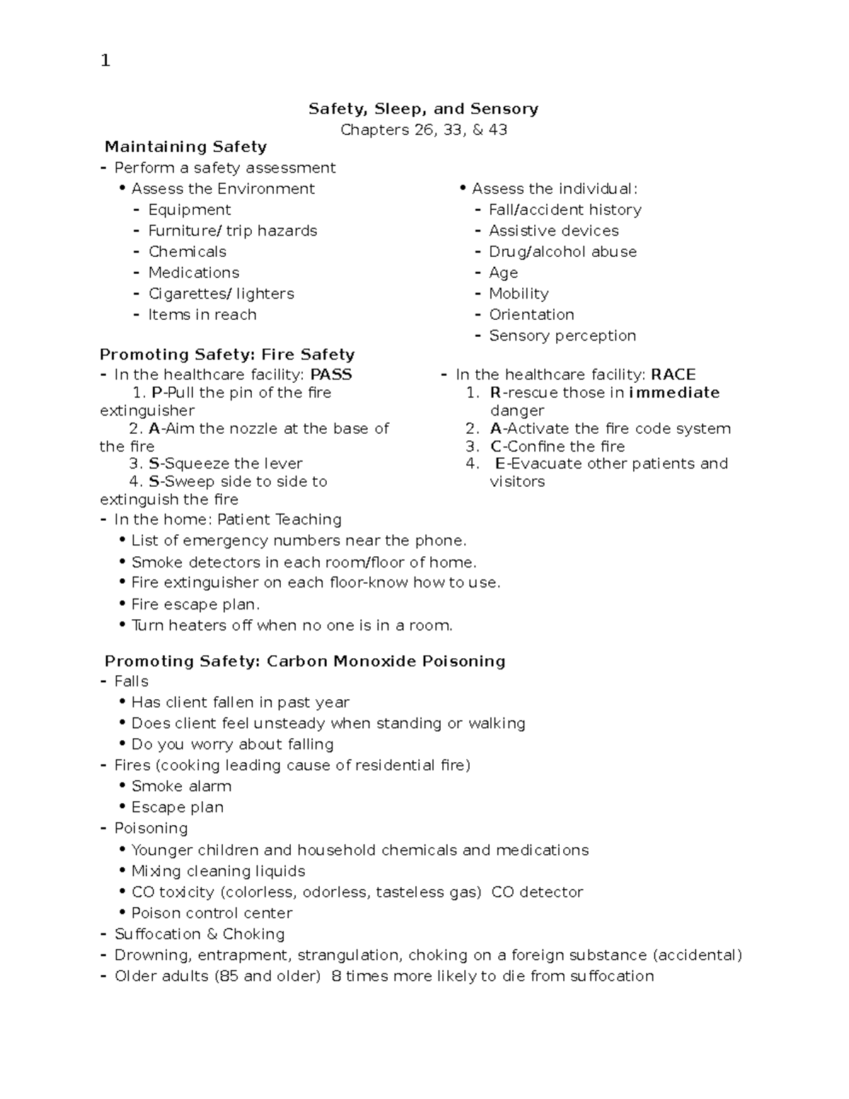 Sleep and Safety Class notes Safety, Sleep, and Sensory Chapters 26