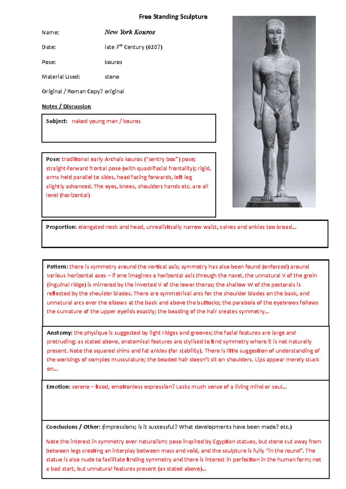 New York Kouros with notes Free Standing Sculpture Name New York