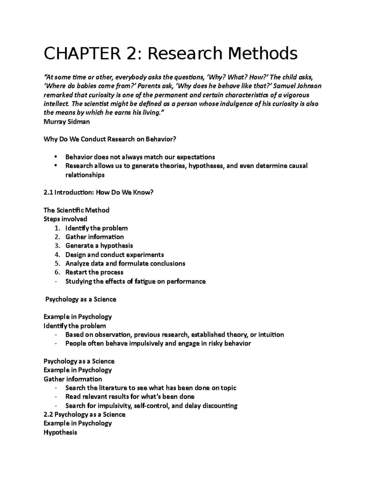 Chapter 2 - Psychology Lecture Notes Through Tophat - CHAPTER 2 ...