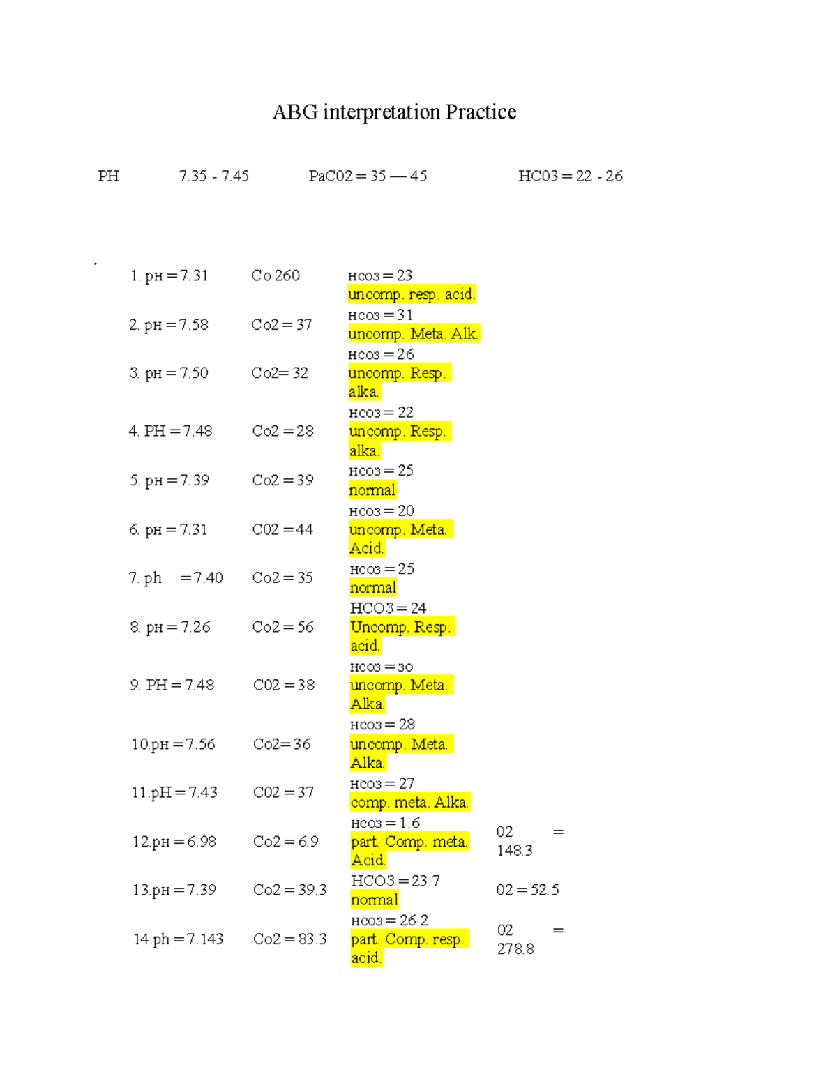 ABG Practice Problems #2 Worksheet - Nur003 - Studocu