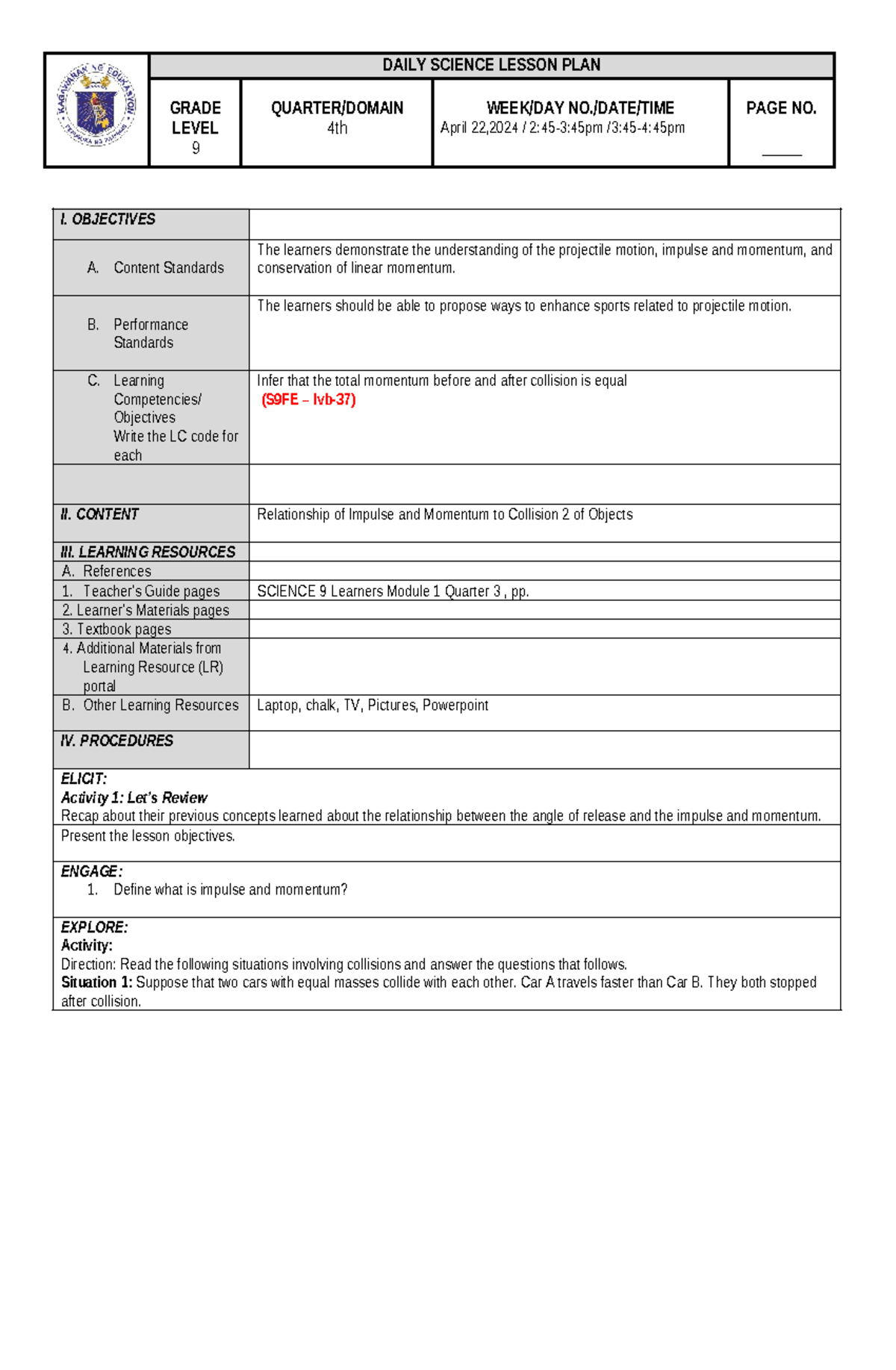 4.-Q4-Lesson-4 - DAILY SCIENCE LESSON PLAN GRADE LEVEL 9 QUARTER/DOMAIN ...