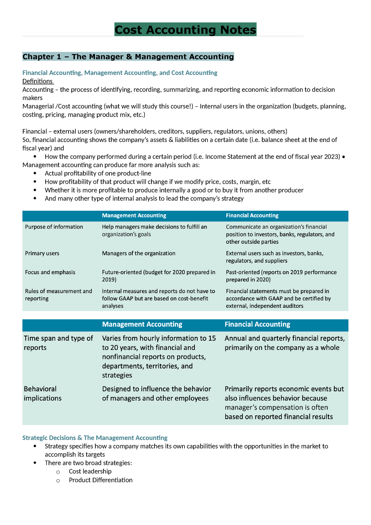 Cost Accounting Notes copy - Cost Accounting Notes Chapter 1 – The ...