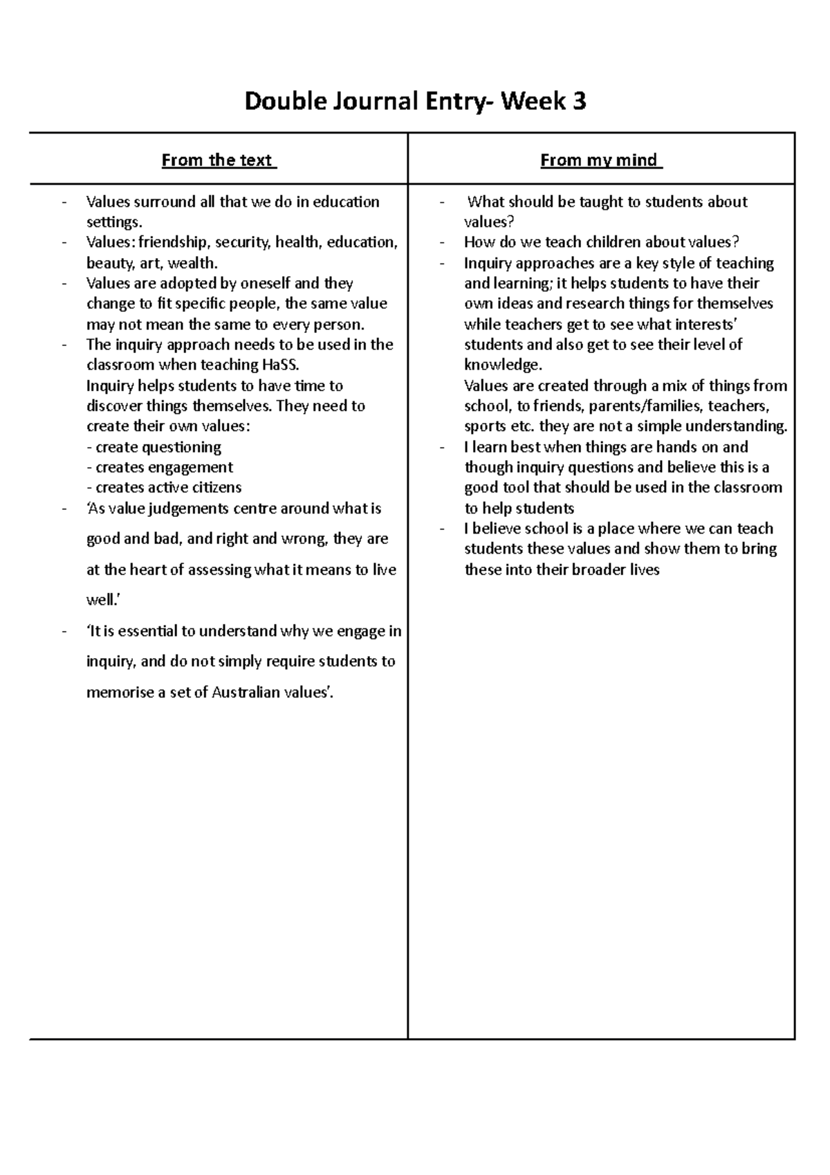 Double Journal Entry Week 3 Values friendship, security, health