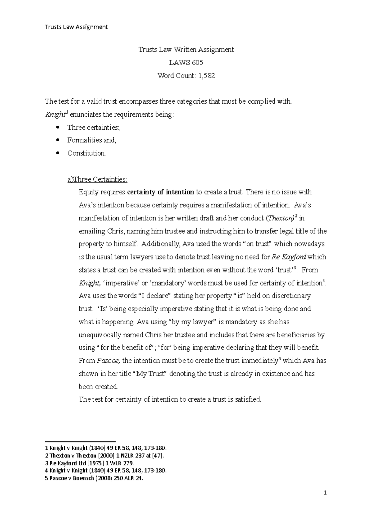 Trusts Assignment - Establishing valid trust - Trusts Law Written ...