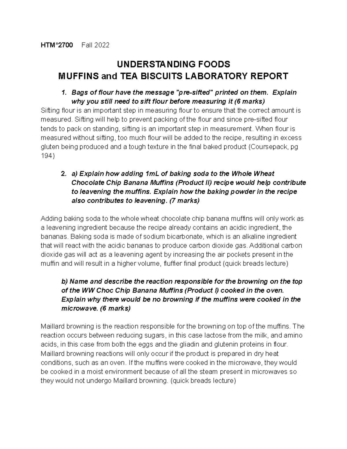 Baked Goods Lab Report HTM*2700 Fall 2022 UNDERSTANDING FOODS MUFFINS