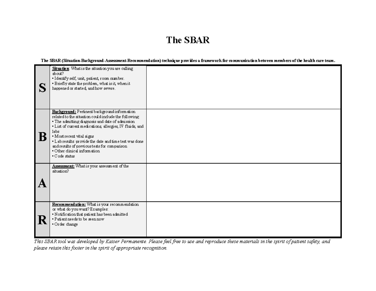 SBAR Form - SBAR Template - The SBAR The SBAR (Situation-Background ...