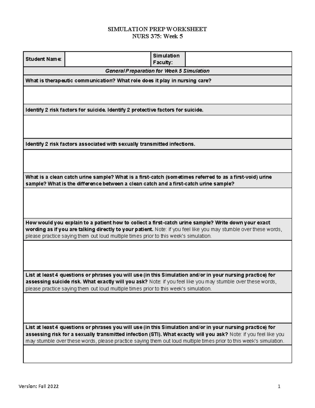 A Day in the Clinic.Sim Prep Worksheet.Fall 2022 - SIMULATION PREP ...