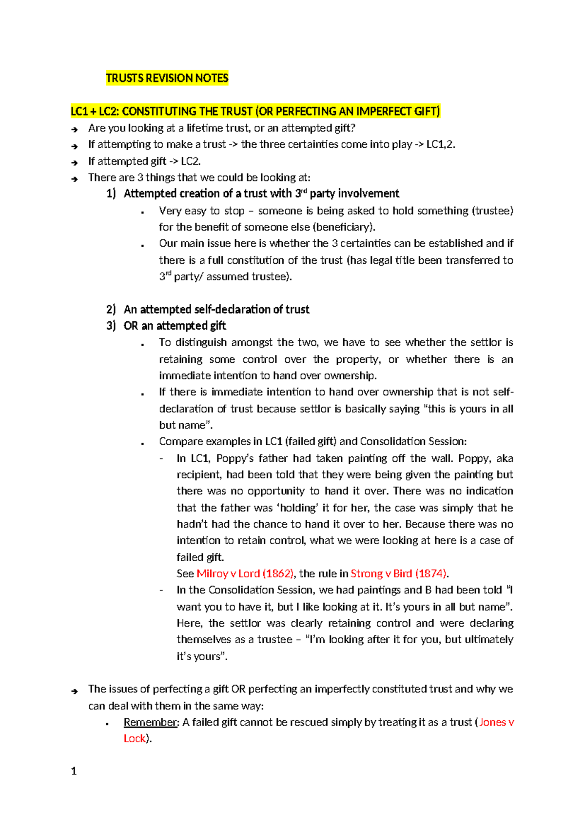 Revision Notes - Summary Trusts - TRUSTS REVISION NOTES LC1 + LC2 ...